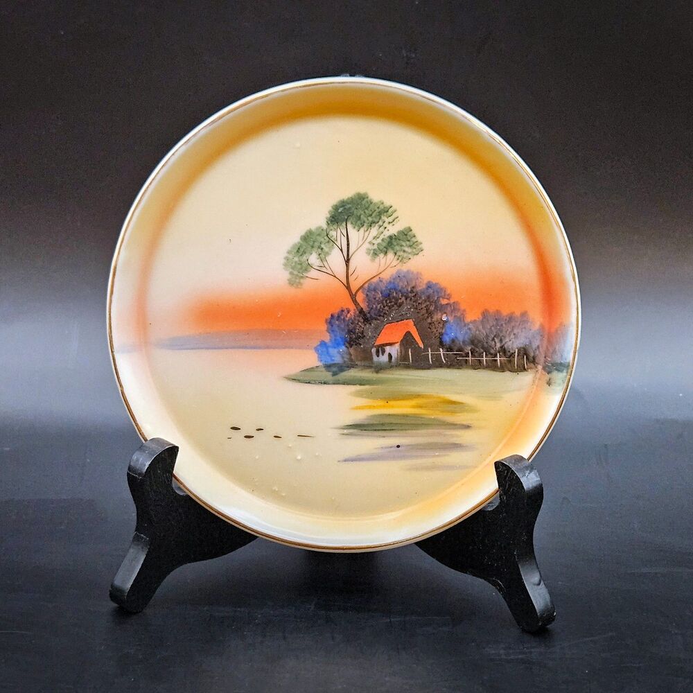 Nippon Hand-painted Sunset Landscape Porcelain Dish Plate Japan Vintage